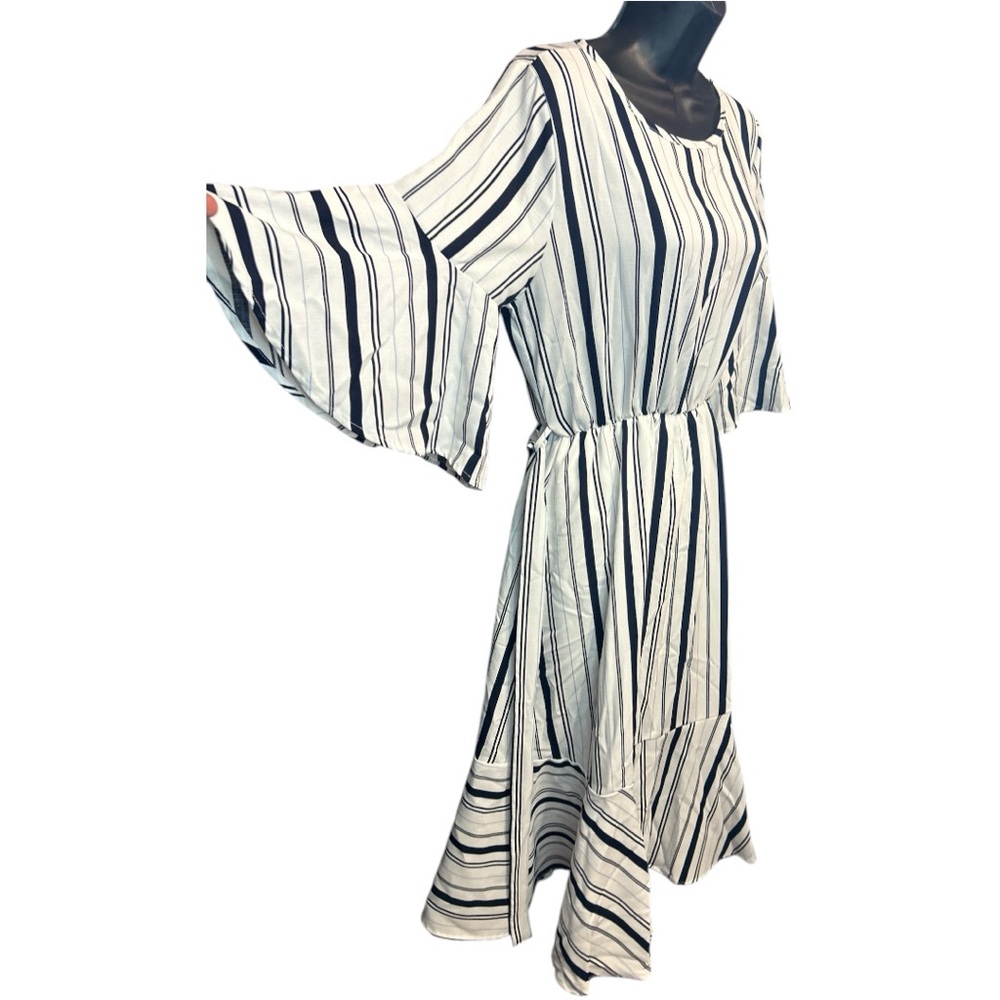 Flamingo Urban Blue White Striped Bell Sleeve Midi Dress Size M